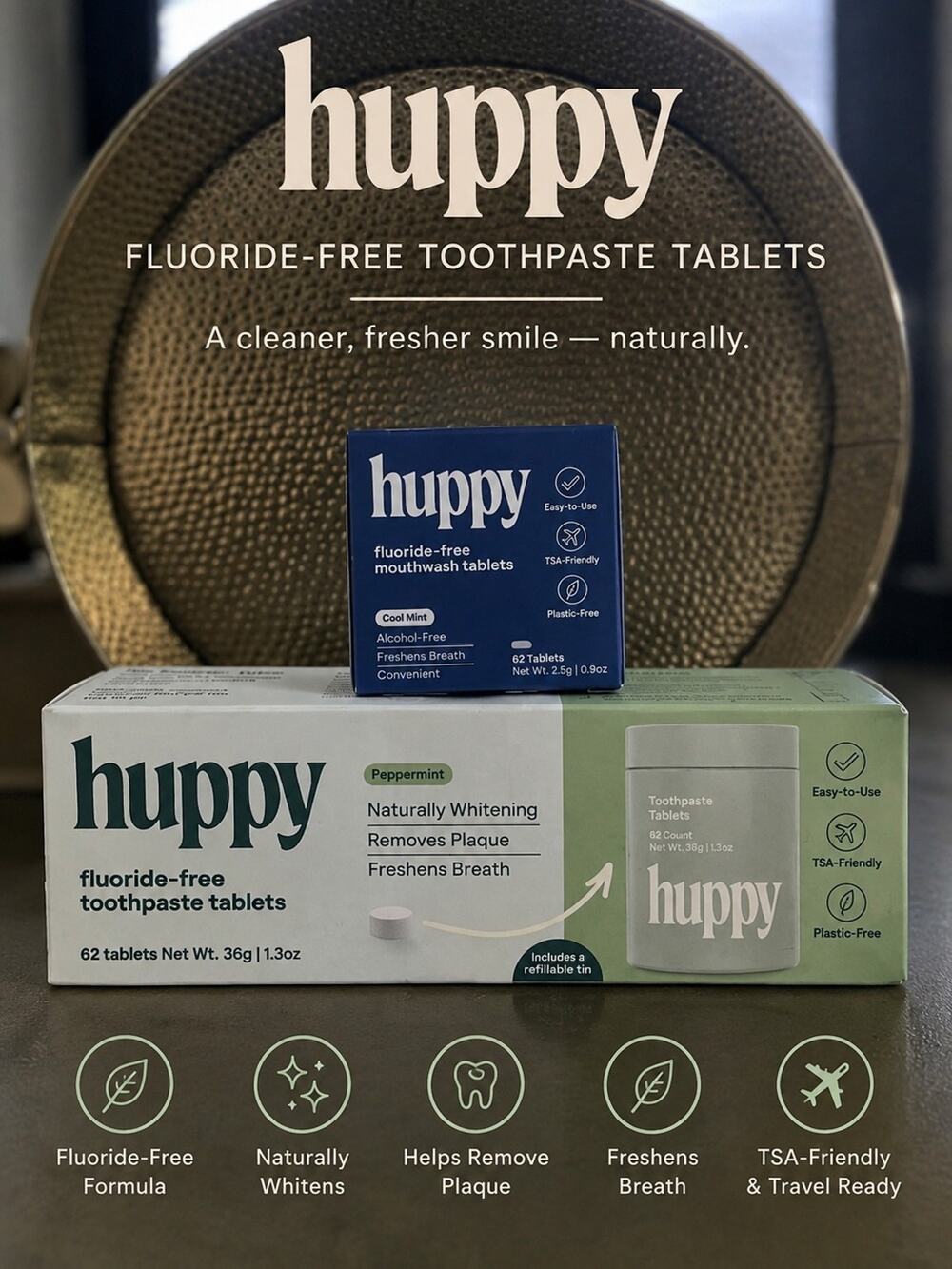 Huppy Fluoride-Free Toothpaste & Mouthwash Tablets Bundle Peppermint & Cool Mint